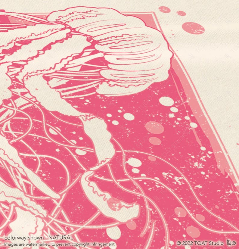 May include: Pink and white graphic print of a jellyfish with a textured background. The print features a stylized jellyfish with flowing tentacles and a circular pattern.