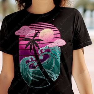 Tropical Vaporwave Unisex T-Shirt, Tropical Sunset, Cyberpunk Ocean, 1980s, Retro Neon Nights, Miami Vice Wave, Synthwave, Tropical Night