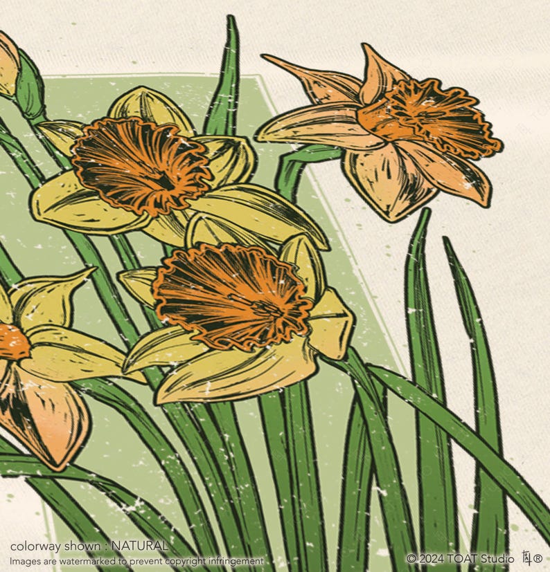 May include: A vintage-style illustration of a bouquet of yellow daffodils with orange centers. The flowers are drawn in a detailed, realistic style with a textured background.