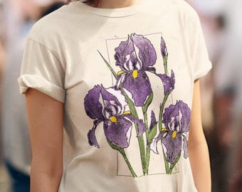 Iris Flowers Unisex T-Shirt: Vintage Purple Floral Drawing, Japanese Iris Botanical Illustration, Wildflower Art