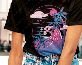 Tropical Vaporwave II Unisex T-Shirt, Beach Vacay, Tropical Sunset, Cyberpunk Ocean, 80s Retro Neon Night, Miami Vice Wave, Pastel Paradise