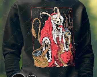 May include: Black crewneck sweatshirt featuring a skeletal figure in a red Santa Claus outfit with a long tail and horns. The graphic includes a sack of coal and a chained reindeer. The word "BLACK" is printed on the bottom left.