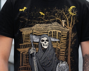 Grim's Haunted House Unisex T-shirt, Grim Reaper Skeleton, Haunted Halloween, Spooky Season, Grunge Vintage Dark Halloween, God Of Death Tee