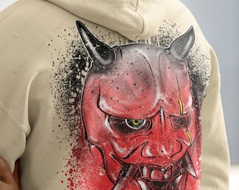 Red Hannya Mask Unisex Hoodie: Japanese Oni Horned Female Demon Mask, Noh Theater Folklore