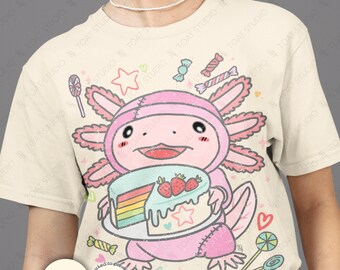 Harajuku Kawaii Axolotl Unisex-T-Shirt: Fröhliches Yami Kawaii Pastellrosa Salamander Amphibien-Motiv