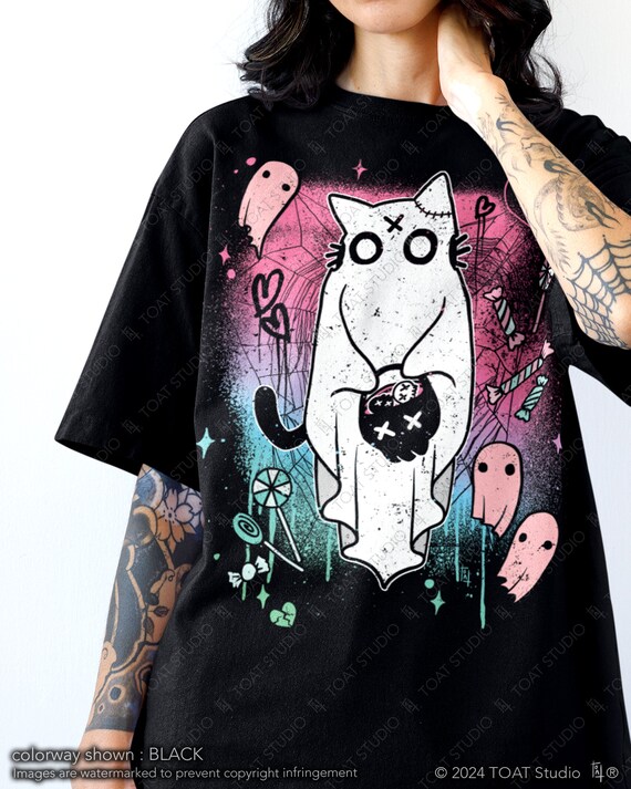 Pastel Goth Shirts For Women, Cute Ghost Cat Tee Shirts Pastel Goth Shirts For Women, Cute Ghost Cat Tee Shirts