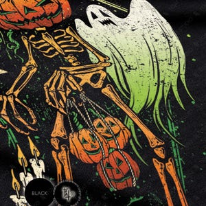 May include: A Halloween-themed graphic featuring a skeleton holding three jack-o'-lanterns. A ghost and a large pumpkin are also present. The design incorporates orange, green, and white elements on a black background. The image includes the text "BLACK".