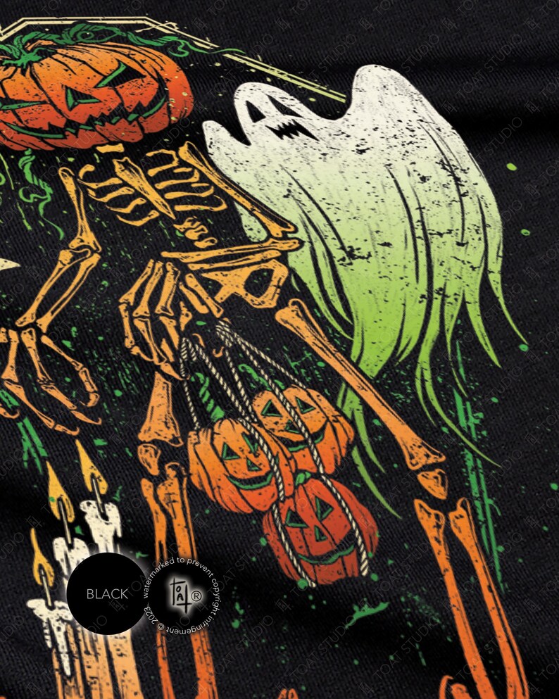 May include: A Halloween-themed graphic featuring a skeleton holding three jack-o'-lanterns. A ghost and a large pumpkin are also present. The design incorporates orange, green, and white elements on a black background. The image includes the text "BLACK".