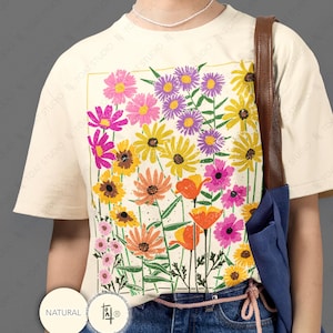 Wildflowers Unisex T-Shirt, Garden Girl, Wild Meadow Flowers, Cosmos, California Poppies, Wild Daisies, Flower Fields, Botanical Summer