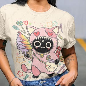 Camiseta unisex Harajuku Pastel Goth Batsu Neko, lindo gato japonés kawaii, Yami Kawaii, camiseta con gráficos suaves, espeluznante y linda, camiseta estética Tumblr
