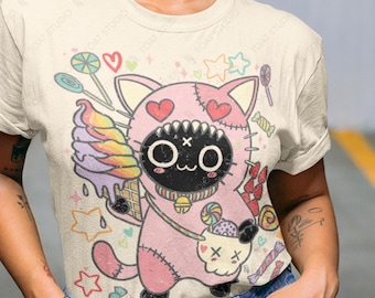 Harajuku Pastel Goth Batsu Neko Unisex T-Shirt: Yami Kawaii Black Cat, Sweet Tooth Kitty
