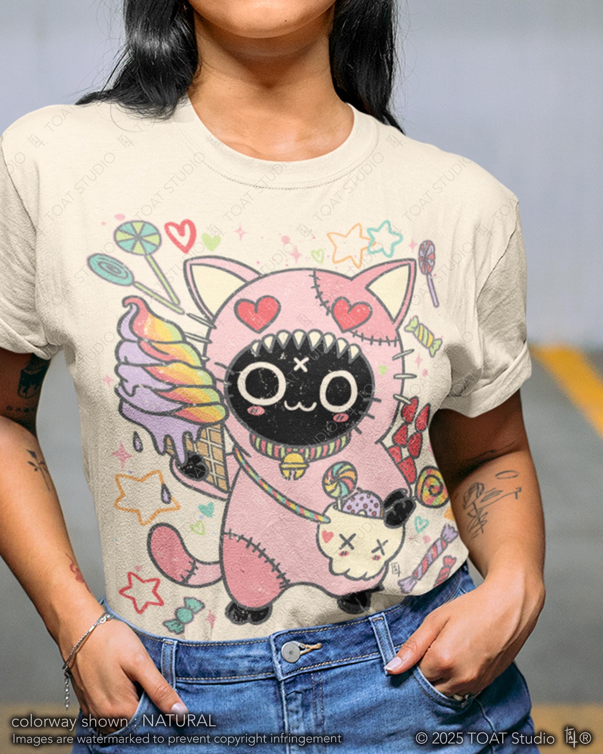 Kawaii Pastel Goth T-Shirt – Rainbow Bunny Cartoon Print, Harajuku Fashion Style, Soft Cotton Crewneck - View #2