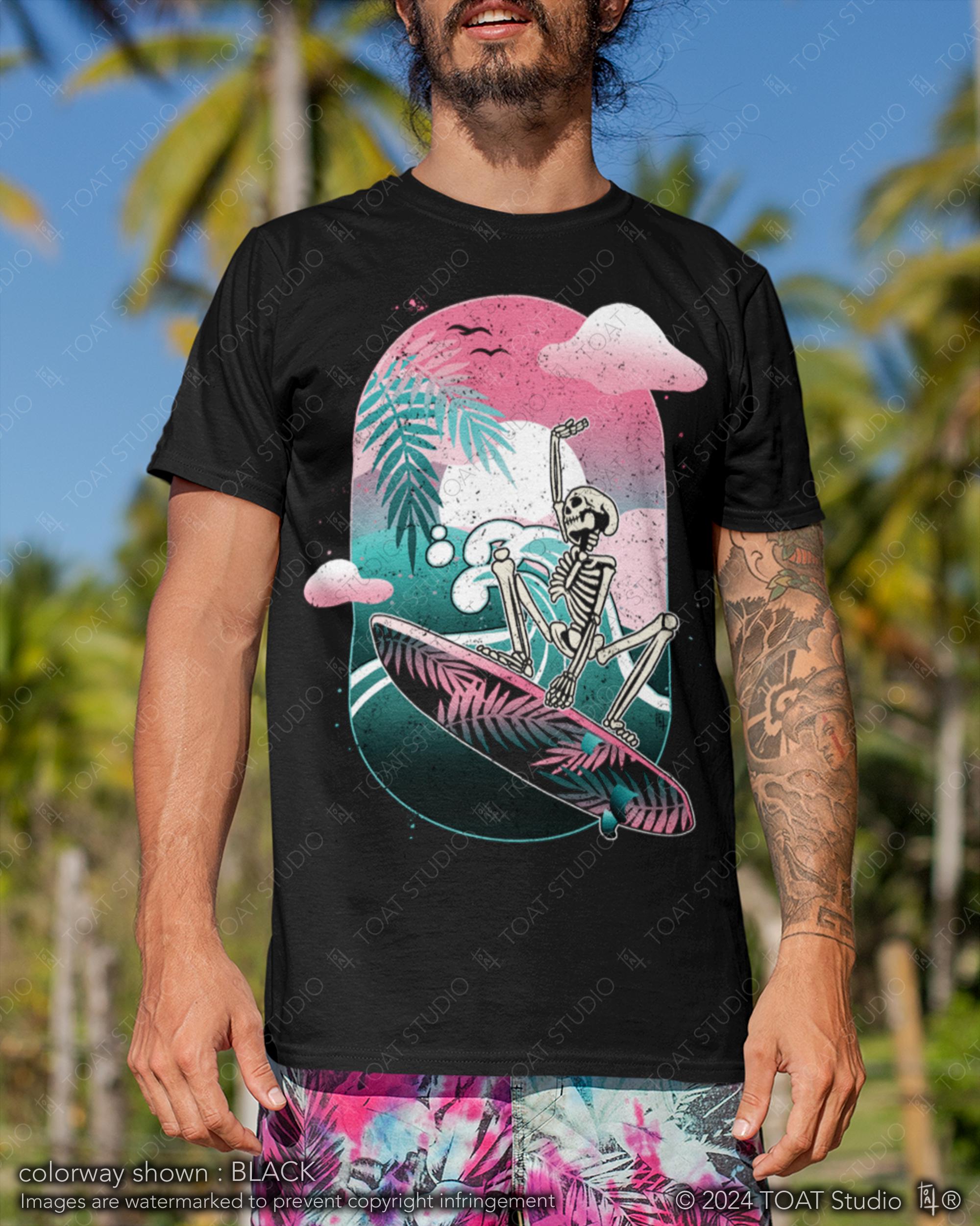 Pink Skeleton Surfer Unisex T-shirt, Always Salty, Spooky Surfer, Life Is A Beach, Surf to Death, RIPtide, Wipeout, Summer Surf, Beach Bum