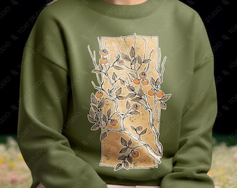 Persimmon Blockprint Unisex Crewneck Sweatshirt, Persimmons Fruit, Fruit Tree Art, Fall Persimmon Tree, Orchard Harvest, Organic Fruits