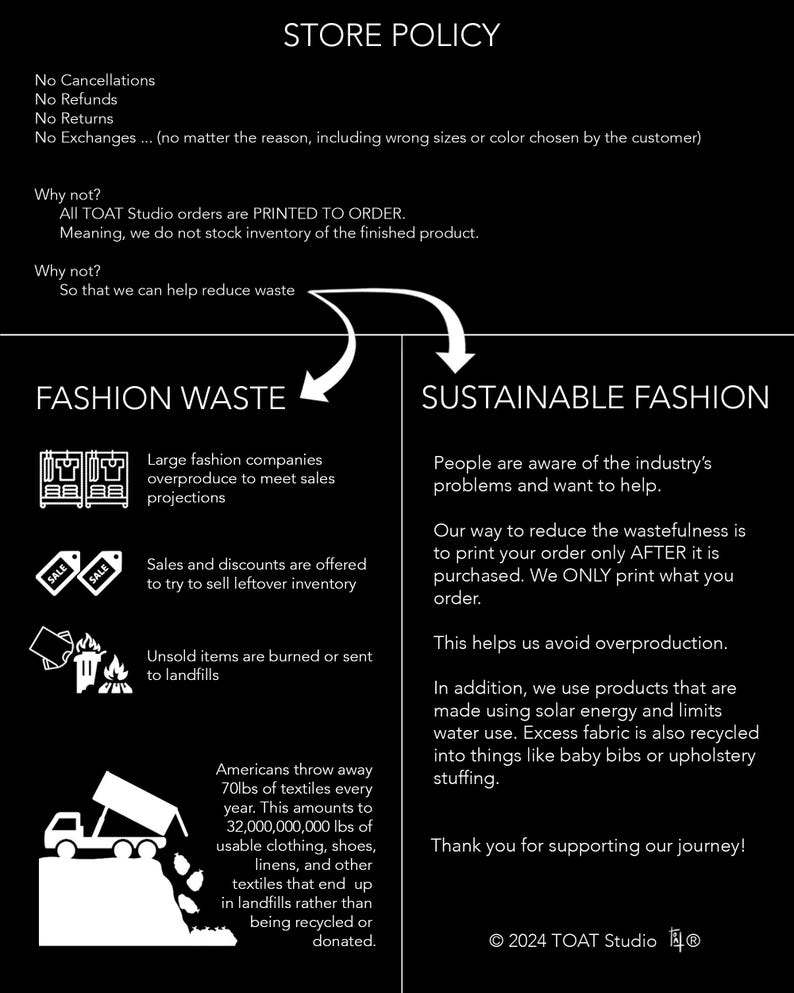 May include: A black and white infographic detailing a store's policy and its commitment to sustainable fashion. The text explains the company's print-to-order model to reduce waste and its use of recycled materials.