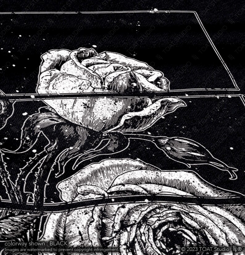 May include: Black and white illustration of a rose with detailed shading and a vintage aesthetic. The image is divided into sections with a geometric design. The text "colorway shown: BLACK" is visible. The image is watermarked.
