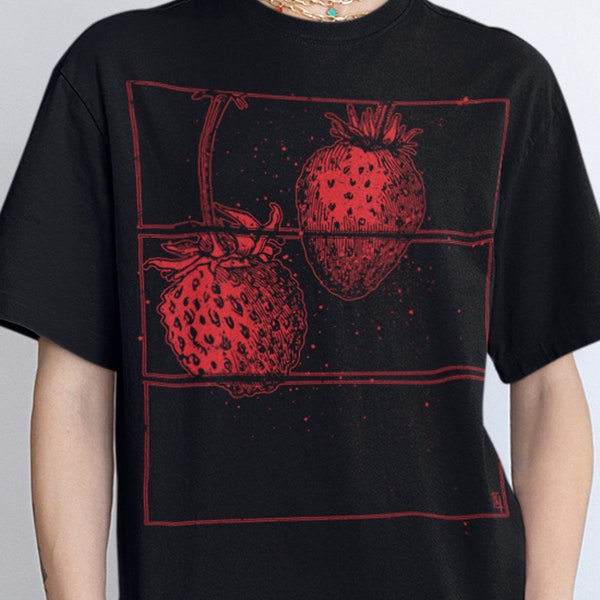 Strawberries Unisex T-shirt, Strawberry Artwork, Farmcore Cottagecore, Epic Gardening, Farmers Market, Strawberry Comic Frames, Spring Fruit