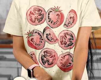 Tomatoes Unisex T-Shirt: Vintage Tomato Fruit Drawing, Botanical Garden Sweet Organic Sliced Red Tomatoes