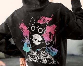 Pastel Goth Batsu Neko Unisex Hoodie, Yami Kawaii, Badtz Neko, Creepy Cute, Black Cat, Skull Collection, Pastel Voodoo Cat, Harajuku Grunge