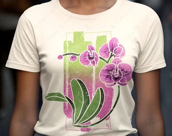Orchid Blockprint II Unisex T-Shirt: Hand-Drawn Vintage-Style Phalaenopsis Orchid Graphic Illustration, Botanical Flower Art