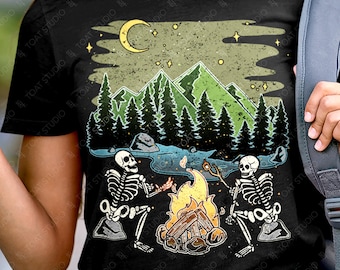 Skeleton Campfire Unisex T-Shirt, Funny Camping Skeleton, Summer Campfire, National Forest, Wilderness Cooking, Mountain Hiking Nature Lover