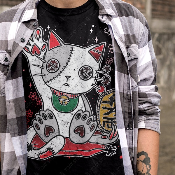 Maneki Neko Unisex T-Shirt, Japanese Lucky Cat, Beckoning Cat, Japan Gift Souvenir, Gothic Kitty, Koban Coin, Money Fortune, Edo Asakusa