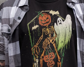Pumpkin Skeleton Unisex T-shirt, Spooky Halloween Skeleton, Scary Pumpkin Face Tee, Fall Spooky Ghost, Giant Sized Halloween Jack-O-Lantern