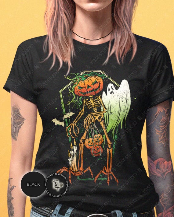 Jack-o'-Lantern Skeleton Unisex T-Shirt: Haunted Halloween Gothic Horror Art, Spooky Pumpkin Scarecrow