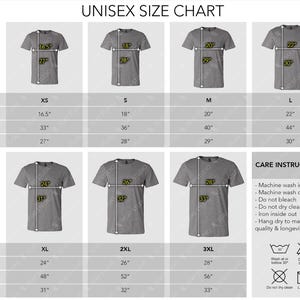 May include: A unisex size chart for t-shirts, with measurements in inches for sizes XS to 3XL. The chart includes width, chest, and length dimensions, along with care instructions. The text "UNISEX SIZE CHART" is at the top.