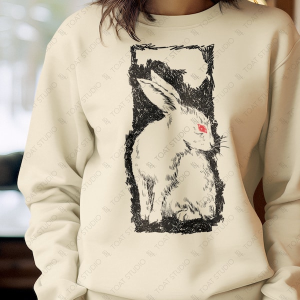 Rabbit Blockprint Unisex Crewneck Sweatshirt, Bunny Sweater, Year of Rabbit, White Rabbit, Albino Bunny, Hare Drawing, Easter Bunny Sweater