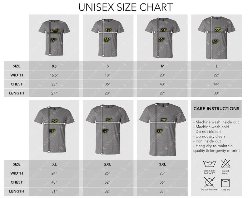May include: A unisex size chart for t-shirts, with measurements in inches for sizes XS to 3XL. The chart includes width, chest, and length measurements for each size. Care instructions are also provided, including washing and drying guidelines.