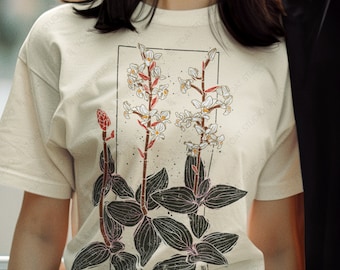 Jewel Orchid Blockprint Unisex T-Shirt: Vintage Orchid Plant Drawing, Timeless Botanical Art Flower Illustration
