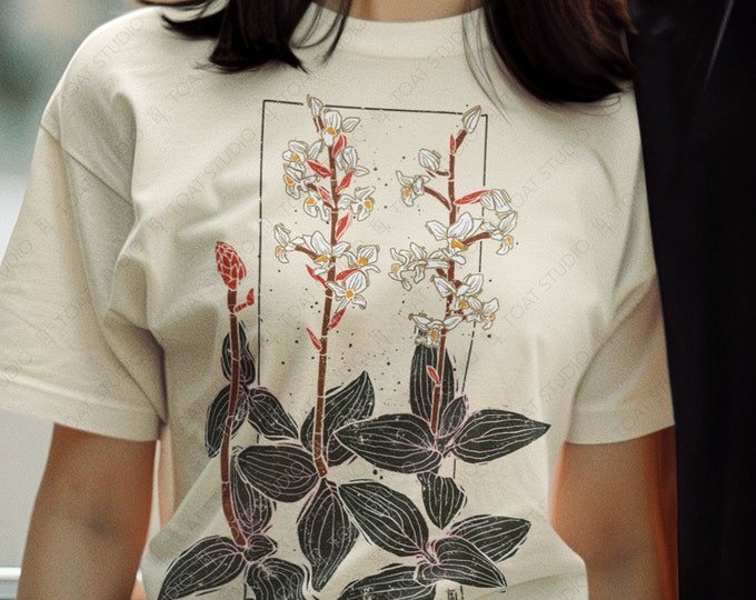 Jewel Orchid Blockprint Unisex T-Shirt: Vintage Orchid Plant Drawing, Timeless Botanical Art Flower Illustration