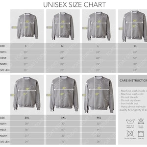 Pu&ograve; includere: Una tabella delle taglie unisex per felpe, con misure in pollici per le taglie S-4XL. La tabella include le misure di larghezza, torace, lunghezza e lunghezza manica. Sono fornite anche istruzioni per la cura, comprese le linee guida per il lavaggio e l'asciugatura.