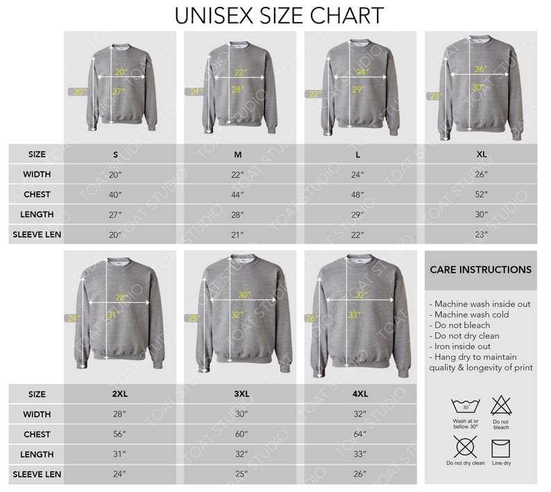 Pu&ograve; includere: Una tabella delle taglie unisex per felpe, con misure in pollici per le taglie S-4XL. La tabella include le misure di larghezza, torace, lunghezza e lunghezza manica. Sono fornite anche istruzioni per la cura, comprese le linee guida per il lavaggio e l'asciugatura.
