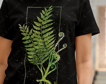 Fern Blockprint III Unisex T-Shirt: Evergreen Fern Leaf Drawing, Botanical Plant Illustration, Forest Foliage