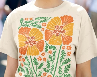 Boho Poppies Unisex T-Shirt: California Poppy Summer Wildflower Fields, Chic Retro Orange Floral Pattern