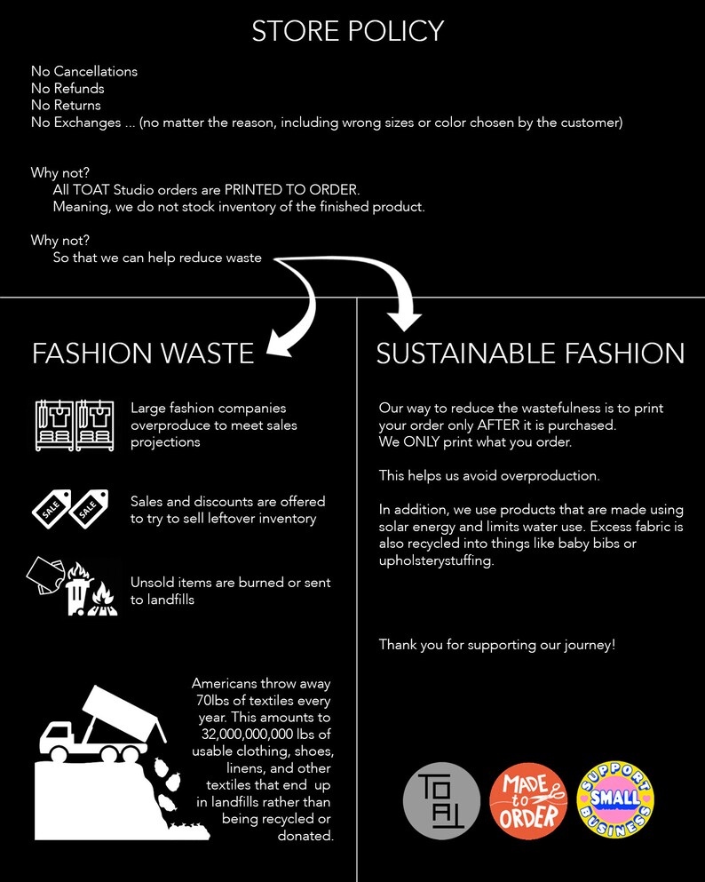 May include: A black and white graphic illustrating a store's policy on returns, exchanges, and waste reduction. The text explains the company's commitment to sustainable fashion through made-to-order printing and recycling practices. The image includes the text "STORE POLICY".