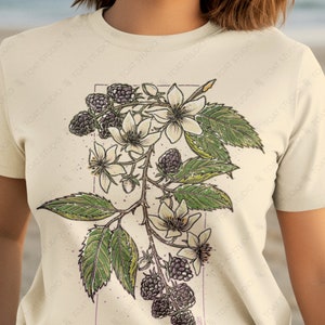 Blackberries Unisex T-shirt, Black Currant Flower Art, Raspberry Botanical Art, Flower Gardens, Berry Fruits, Farmcore Aesthetic