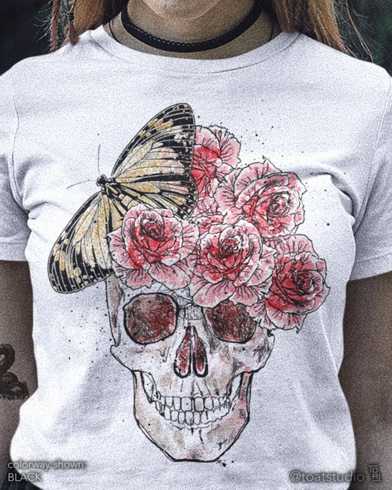 Skull Roses Unisex T-shirt, Vintage Y2K Grunge Floral Skull, Monarch Butterfly, Skull Sketch Art, Cranium Rose Bouquet, Pencil Shade Drawing