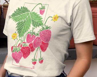 Strawberry Blockprint II Unisex T-Shirt: Vintage Red Berry Fruit Graphic Tee, Timeless Botanical Illustration
