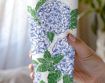 Blue Hydrangea Blockprint Tumbler, Hydrangeas Travel Mug, Hydrangea Floral Drawing, Botanical Flower Gardens, Hydrangea Plant, Summer Blooms