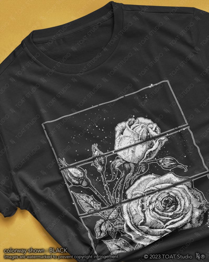May include: Black t-shirt featuring a detailed black and white rose graphic. The design is segmented into three rectangular panels, showcasing the flower's intricate details. The shirt's colorway is black.