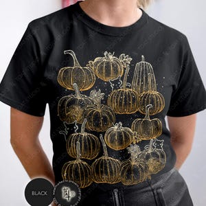 May include: Black t-shirt featuring a gold illustration of various pumpkins and a few hidden cats. The design includes pumpkins of different shapes and sizes, with detailed stems and leaves. The shirt has a round neckline and short sleeves.