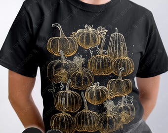 Maglietta unisex con gatto nero e zucca, simpatica maglietta di Halloween, spettrale e carina, gatti neri, zucca, genitore gatto, zucche autunnali, kawaii neko