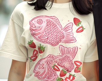 Strawberry Taiyaki Unisex T-Shirt: Kawaii Pink Japanese Pastry Tee, Funny Fish-Shaped Waffle Dessert Graphic