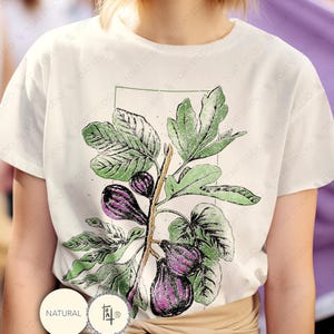 Uniseks T-shirt vijgentekening, fruitboom, vijgenjam, tekening vijgenfruit, vijgenboomgaarden, botanische boom, boomgaardboerderij, boerenmarkt