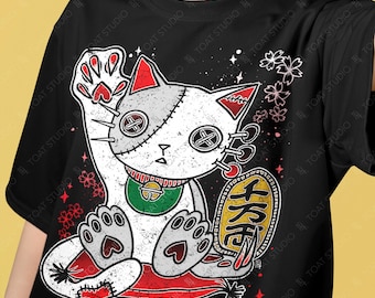Maneki Neko Unisex T-Shirt, Japanese Beckoning Cat, Lucky Charm Good Fortune Kitty, Gothic Voodoo-Twist
