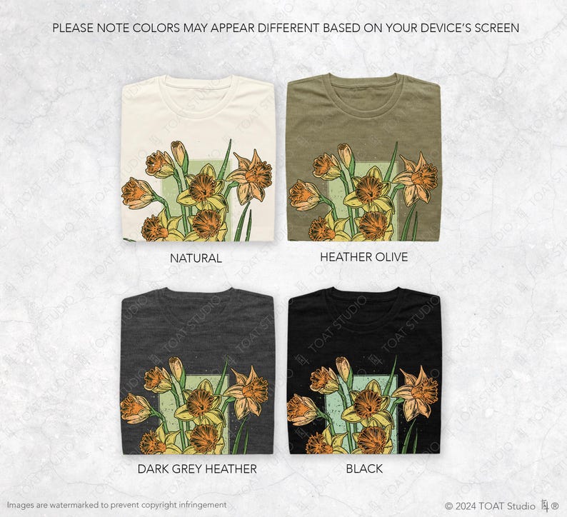 May include: Four different color t-shirts with a floral design featuring yellow daffodils. The colors are natural, heather olive, dark grey heather, and black.