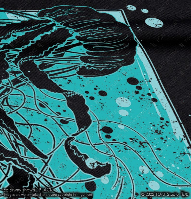 May include: Black and turquoise blue graphic design of a jellyfish with tentacles on a black background. The design has a distressed, vintage look.